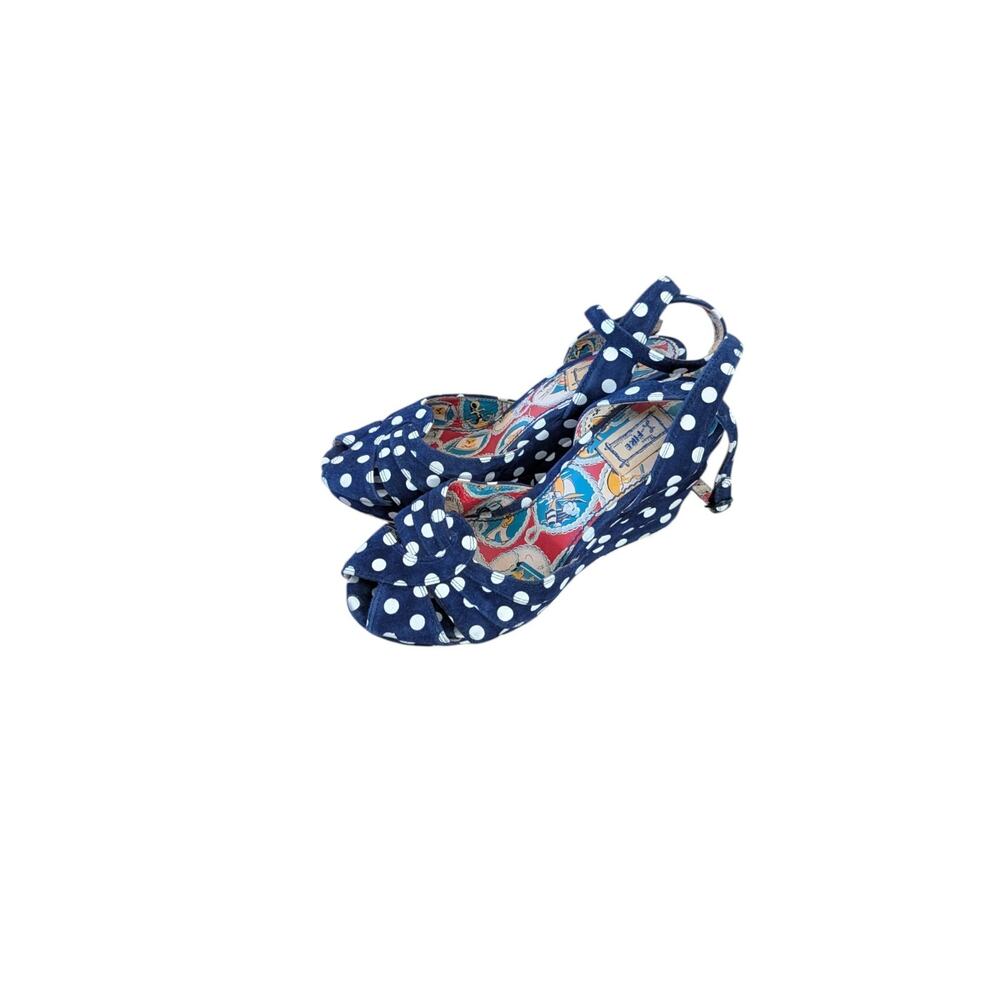 Miss L-Fire Pinup Peeptoe Polkadot Wedge Heel Leather Suede Navy Blue Sz 37/6.5